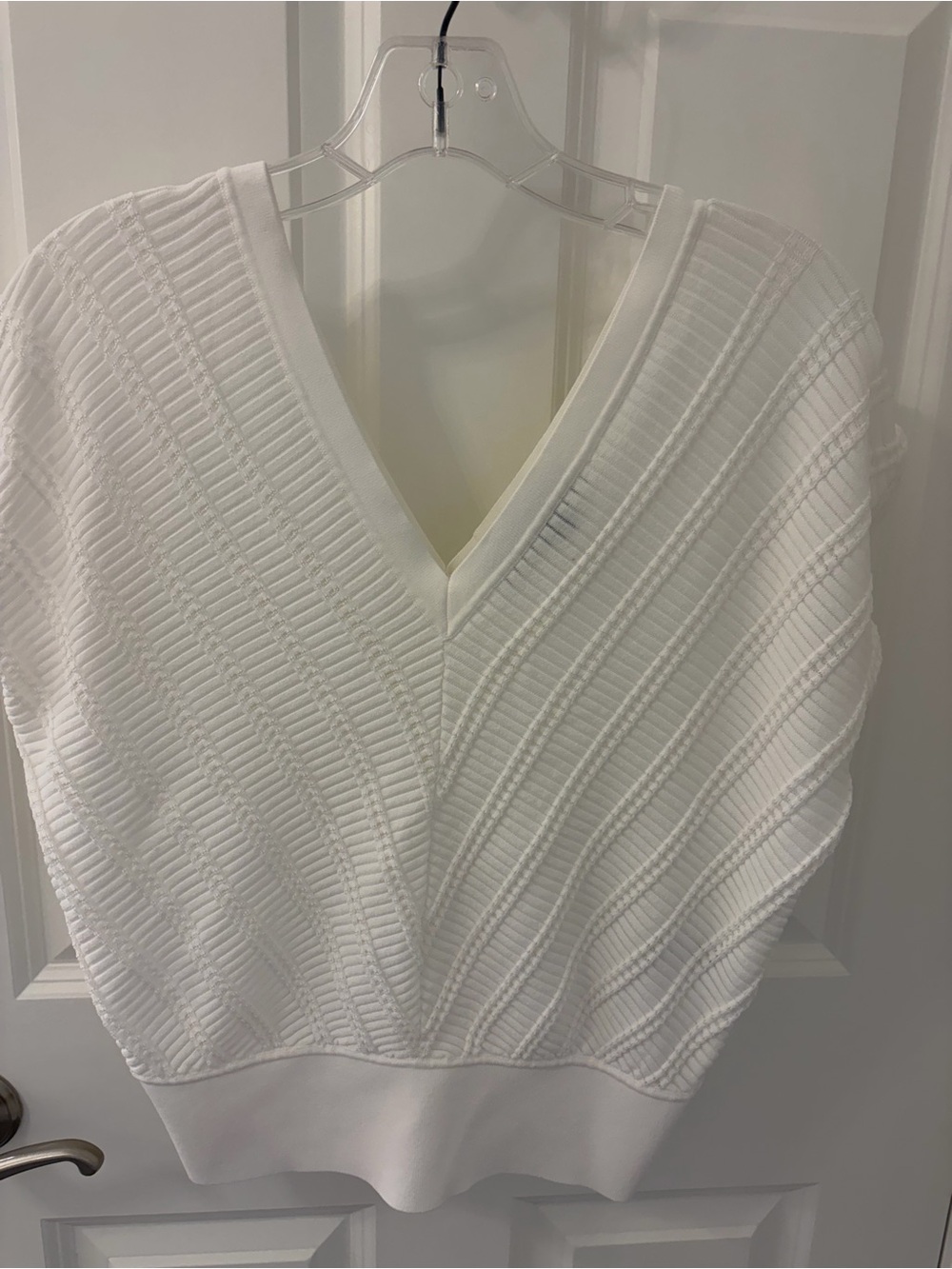 White House Black Market White V-Neck Ribbed Knit Sweater
